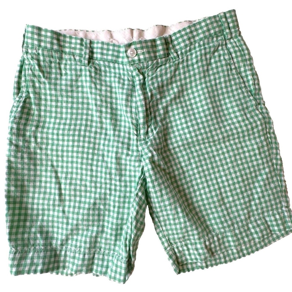 Ralph Lauren Vinatge 100% Linen Shorts Men's 32 Straight Fit Green Gingham Check